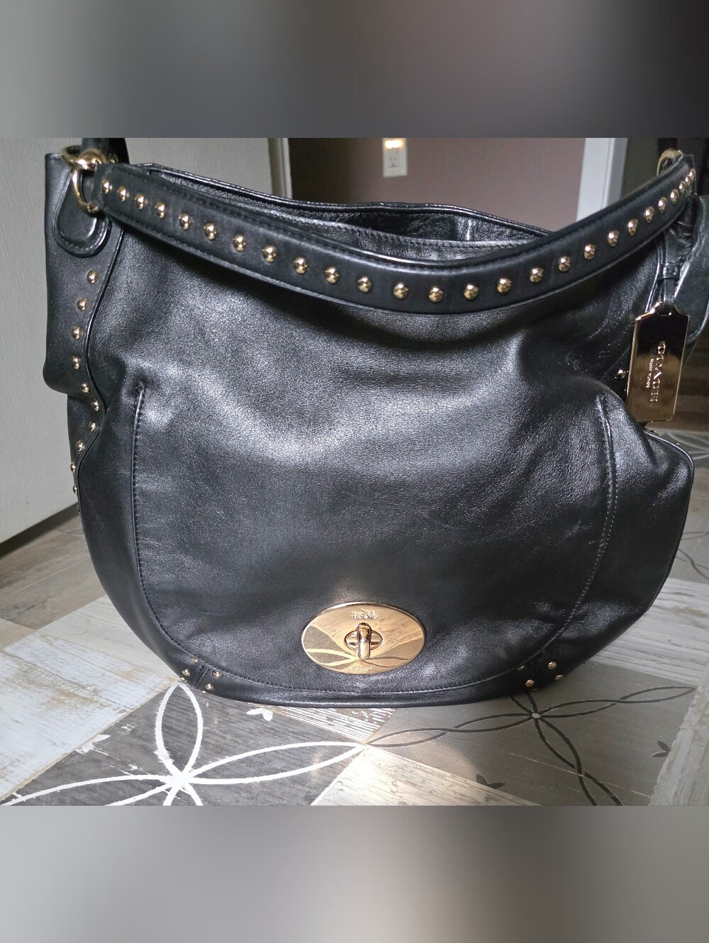 Coach Black Leather Hobo with Gold Studs & Turn-Lock